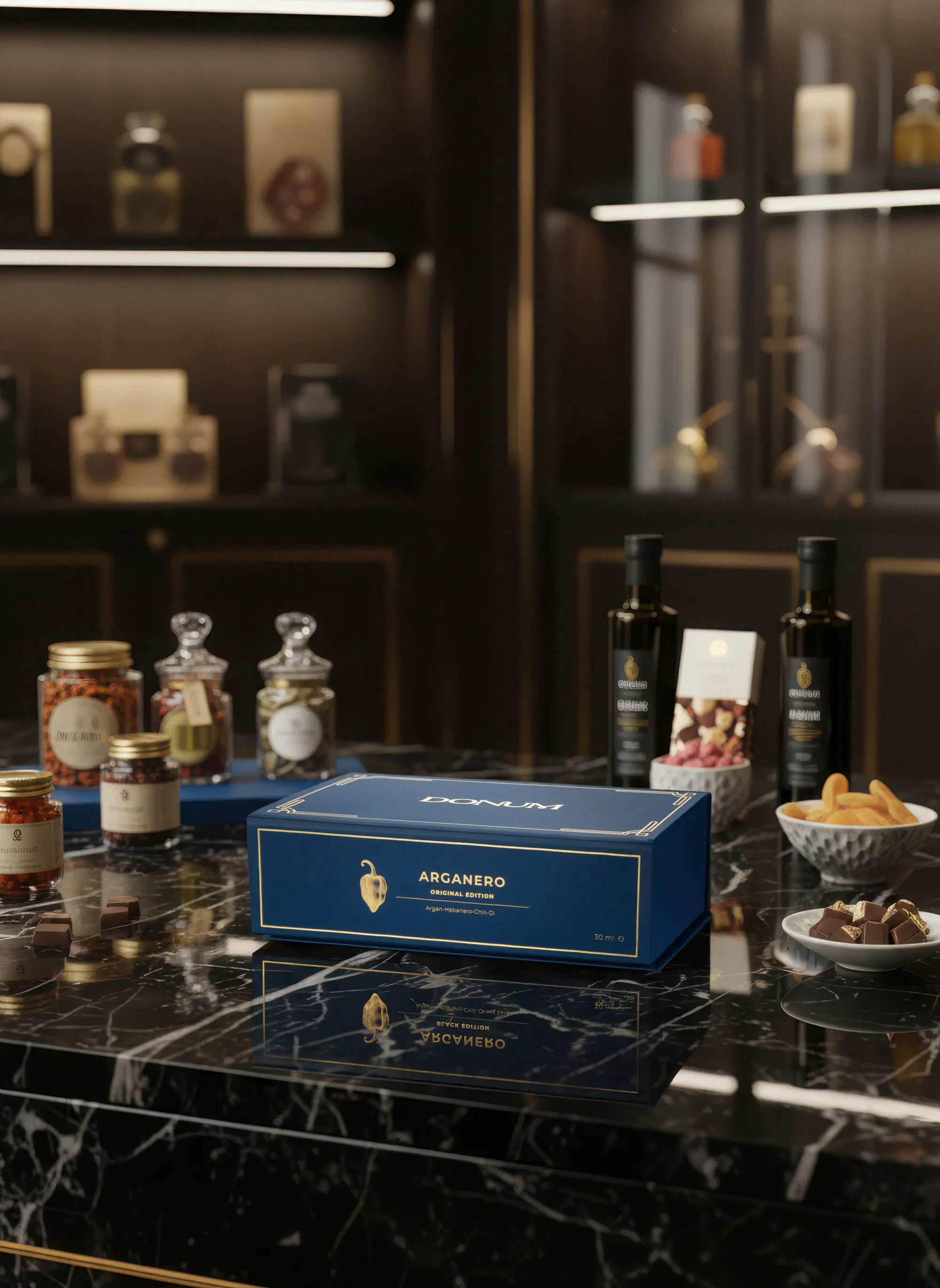 Die DONUM Geschenkbox in einer Boutique mit beleuchteten Wandvitrinen